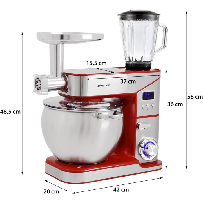 Кухонна машина Syntrox Ziglus 10 л, 2000 Вт, м’ясорубка, багатофункціональна, нержавіюча сталь, червона