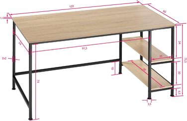 Стіл письмовий з 2 полицями tectake, 120x60x75,5 см, комп'ютерний стіл із дерева та металу в індустріальному стилі, чорний металевий каркас, для офісу та вітальні, колір індастріал темно-коричневий