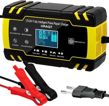 Зарядний пристрій для акумулятора URAQT 8A: 12V/24V, розумна автоматична зарядка для авто, LCD дисплей, режим ремонту, захист, для авто, вантажівок, газонокосарок, човнів
