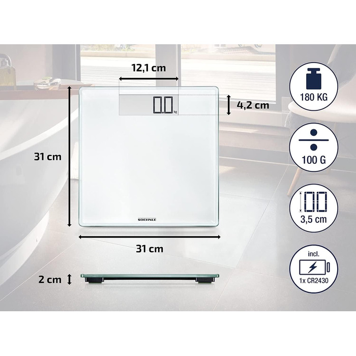 Електронна вага для людей Soehnle Style Sense Comfort 100, велика, потужна, надтонка, з LCD-дисплеєм, цифрова вага для дому