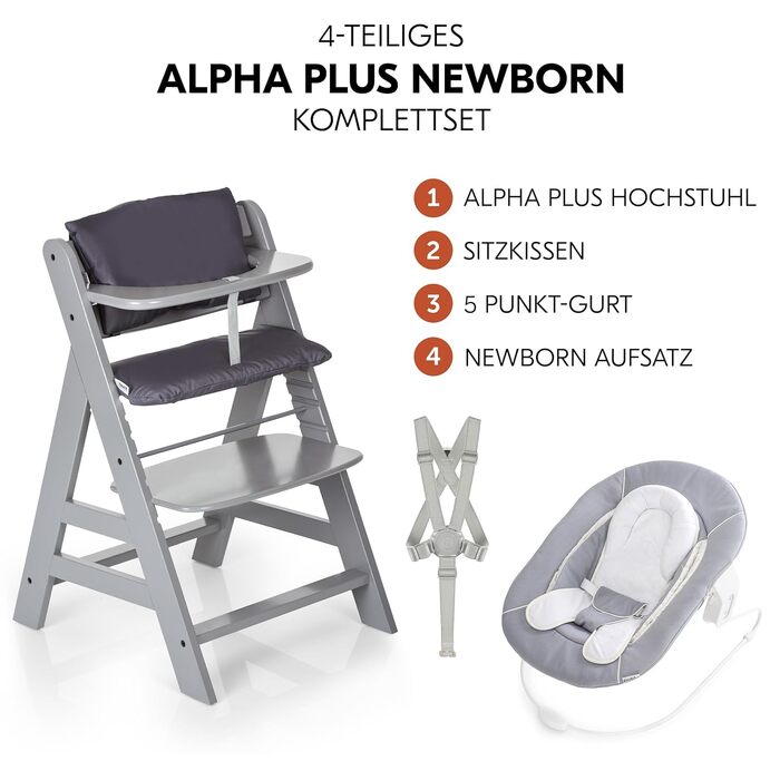 Дитячий стільчик Hauck Alpha+ Newborn Set з 2в1 гойдалкою - регульований дерев'яний стільчик для годування з народження, з подушкою та гойдалкою для новонароджених (Classic, Сірий)