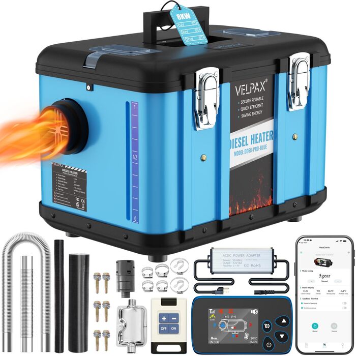 Автономний дизельний обігрівач VELPAX All in One 8кВт, 12V/24V/220V з Bluetooth, LCD-дисплеєм та пультом керування для кемпера, автобудинку та причепа