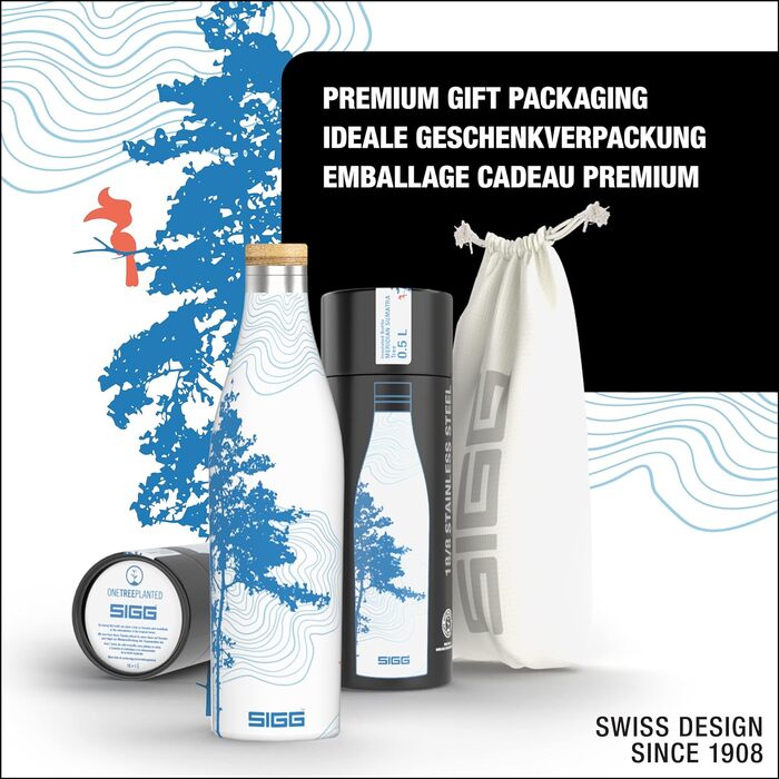 Термос-бутилка SIGG Meridian 0,5 л, герметична, з бамбуковою кришкою, нержавіюча сталь, BPA-free, без пластику, подвійні стінки, слім-дизайн, Sumatra Tree