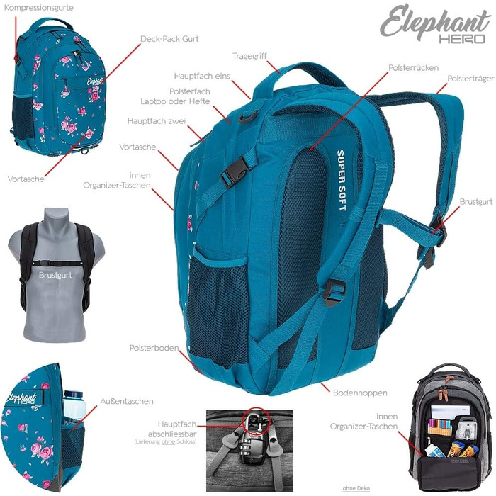 Набір шкільний рюкзак Elephant Hero Signature 12868, 3 предмети, колір Violet Cube (Blue Flower / Блакитний та Рожевий)