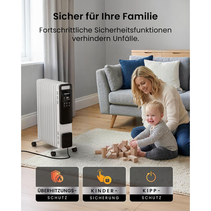 Розумний електричний масляний радіатор Pro Breeze 2500W, 11 секцій, керування через WLAN/App, з термостатом, таймером на 24г та сенсорним дисплеєм, білий