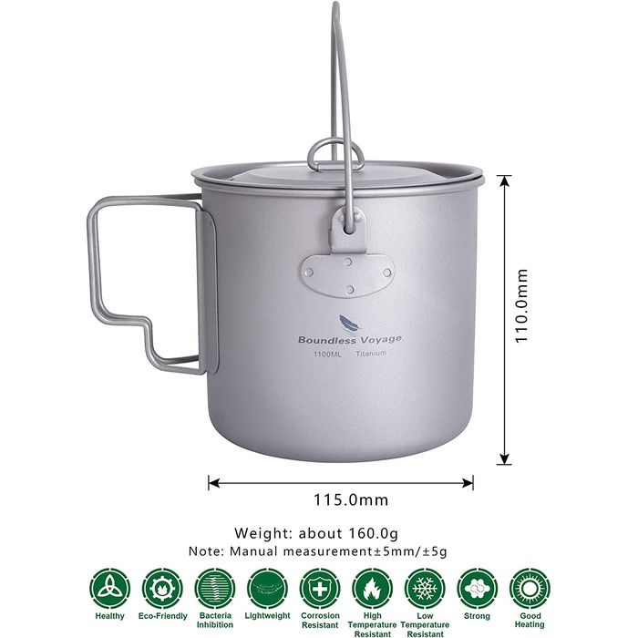 iBasingo Titanovyj Top Camping, Чашка для приготування їжі 750/900/1100/1250 мл, Легкий посуд з кришкою та складною ручкою, для пікніків, туризму, виживання