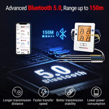 Bluetooth термометр для м'яса ThermoPro з 4 щупами, цифровий термощуп для гриля, коптильні, BBQ, стейків, з радіусом дії до 150 м, сумісний з iOS та Android