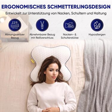 Ортопедична подушка-метелик SLEEP COMFY з ефектом пам'яті (Memory Foam), ергономічна підтримка шиї від болю та мігрені, сертифікат Oeko-TEX, для сну на боці