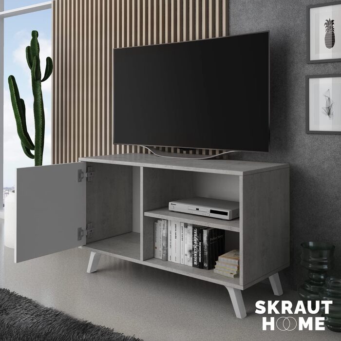 ТВ-тумба Skraut Home Wind 100 для вітальні, 57x95x40 см, для телевізора 32-40 дюймів, біла розпашна дверцята, цемент