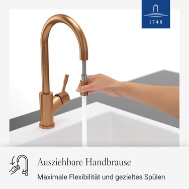 Змішувач кухонний Villeroy & Boch Umbrella Flex з висувним душем, бронзовий, високий вилив 220 мм
