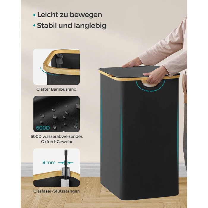Кошик для білизни SONGMICS з кришкою, 3 секції, 150 л, складаний, знімний мішок, оксфордська тканина, бамбукові ручки, чорний, 60x38,5x70,5 см
