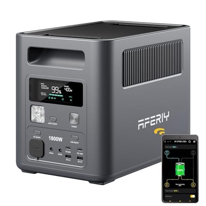 Портативна електростанція AFERIY 1800W 1024Wh LiFePO4, сонячний генератор з швидкою зарядкою за 1 год, UPS <10мс, 9 виходів, чиста синусоїда 230V, керування через APP, BMS, для кемпінгу та дому