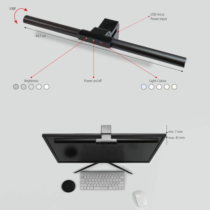 LED лампа для монітора FeinTech LTL00700 USB, кріпиться на монітор, регульована яскравість та колірна температура, чорна