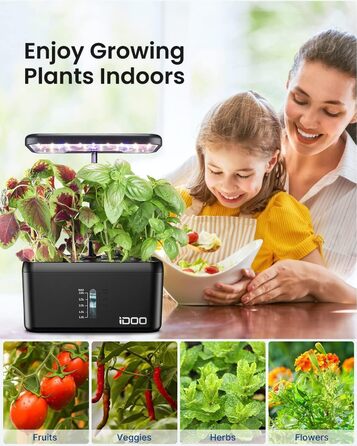 iDOO Система гідропоніки Smart Garden 8 Pods: Розумний сад для вирощування трав та овочів вдома, LED лампа, автоматичний таймер, регульована висота, чорний