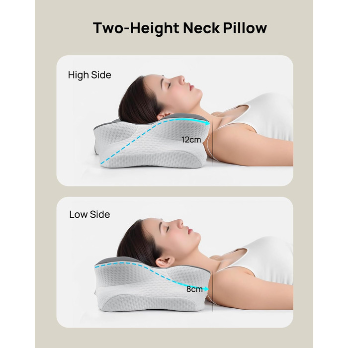 Подушка для шиї Feagar з Memory Foam, ергономічна, 2 висоти (8/12 см), сіра. Підтримка шиї та плечей