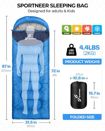 Спальний мішок Sportneer Outdoor у формі ковдри, блакитний (220x80 см, 2 кг)