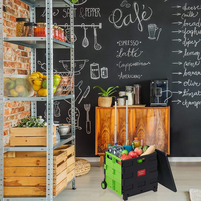 Складна господарська сумка-візок Relaxdays 50 л, до 35 кг, з телескопічною ручкою, 2 колеса, зелено-чорна