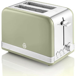 Тостер Swan Retro ST19010GNEU, 2-слотовий, широкий, вінтажний дизайн, 3 функції (розморожування/підігрів/скасування), 6 режимів, нержавіюча сталь, зелений, 815 Вт