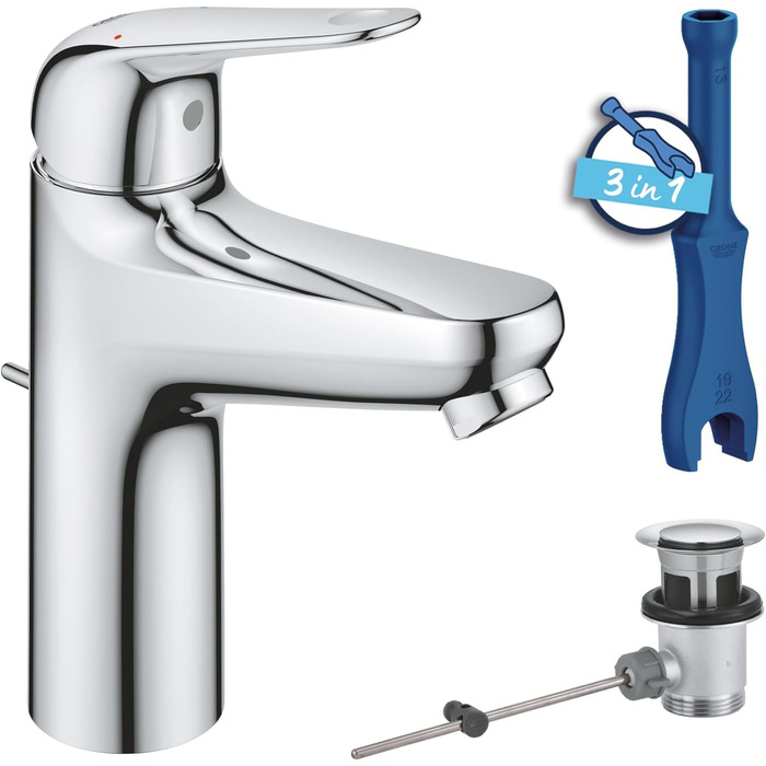 Змішувач для ванної кімнати Grohe Swift, водозберігаючий, з витяжною системою, хром, 18 см, з інструментом 3в1