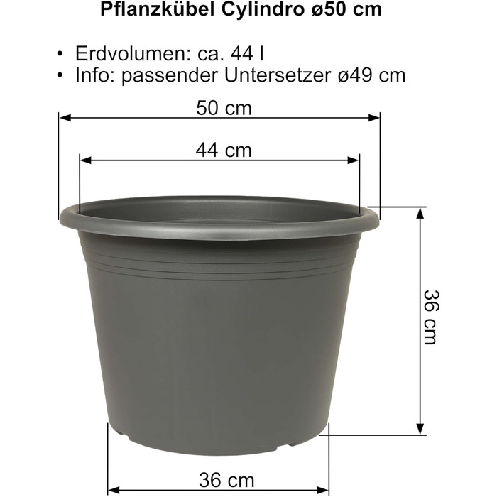 Квітчар/Горщик для рослин Cylindro, ø60 см + підставка ø58 см, стійкий до погодних умов, з UV-стійкого пластику (комплект горщик ø50 см + підставка ø49 см, антрацит)