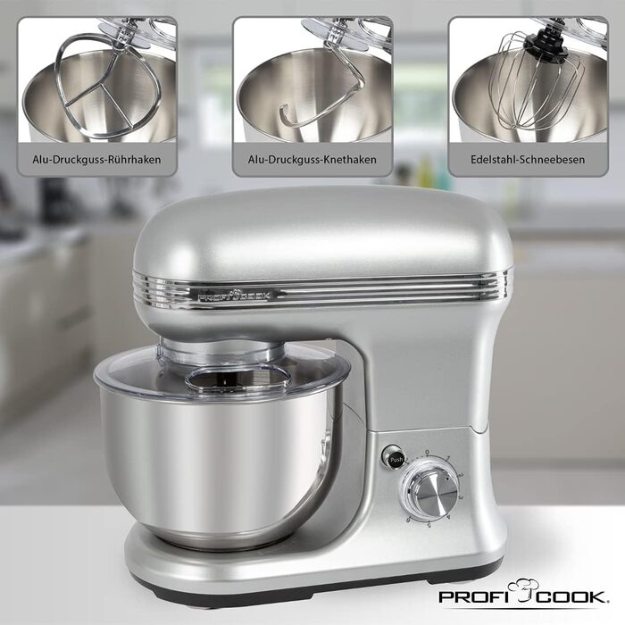 Міксер ProfiCook PC-KM 1222 W з чашею 5 л, вагами та спеціальним редуктором, 1200 Вт, 8 швидкостей, нержавіюча сталь