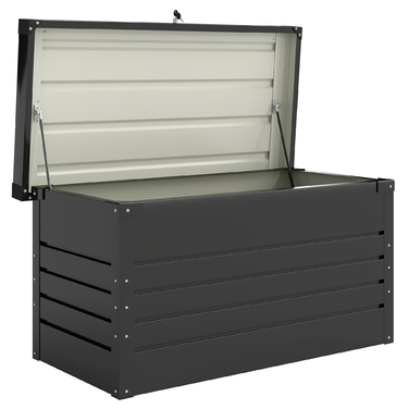 Короб для подушок Gartenbox Metall 450L – міцна металева коробка об'ємом 450 літрів з подвійними стінками кришки. Розміри: 120 x 61 x 62 см. Водостійка, з можливістю замикання. Колір: сірий.