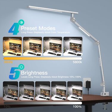 Настільна лампа VERSKI LED 18W, диммована, з подвійним джерелом світла, для домашнього офісу, зі світлодіодами, кліпсою, захистом очей, регулюванням яскравості та 5 кольоровими температурами, срібляста