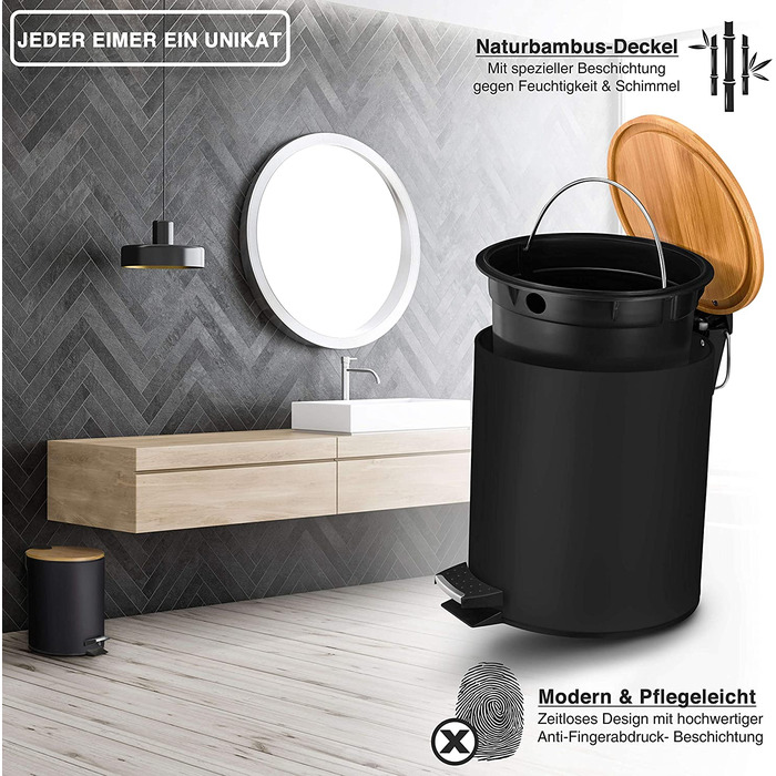 Косметичний відро для сміття VMbathrooms 5 л, чорне матове, з бамбуковою кришкою, педаллю та механізмом плавного закривання, для ванної кімнати
