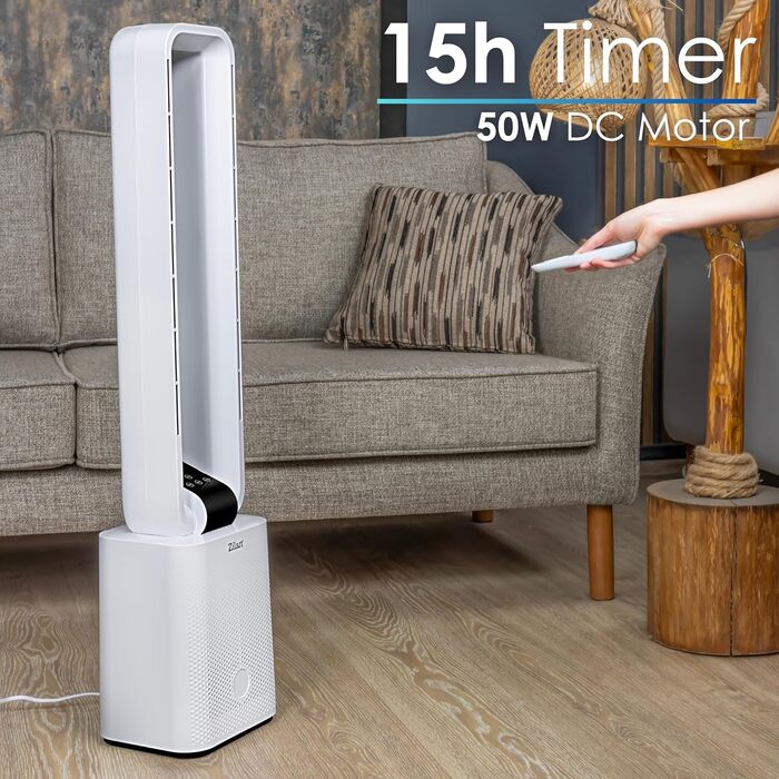 Вентилятор без лопатей Zilan Turmventilator з пультом ДУ, 12 режимів, BLDC мотор, 45° осциляція, таймер 15 год, LED дисплей, енергозберігаючий, білий