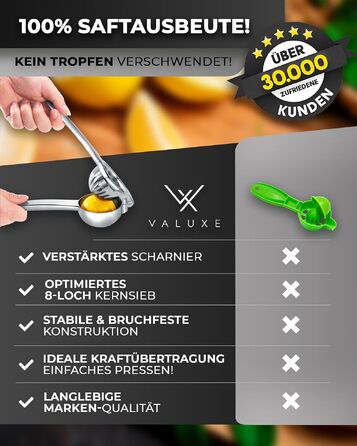 Преміум ручний соковижималка для цитрусових VALUXE® — ручна преса для лимонів, лаймів та маленьких апельсинів, Small Deluxe, нержавіюча сталь, чорна, придатна для посудомийки