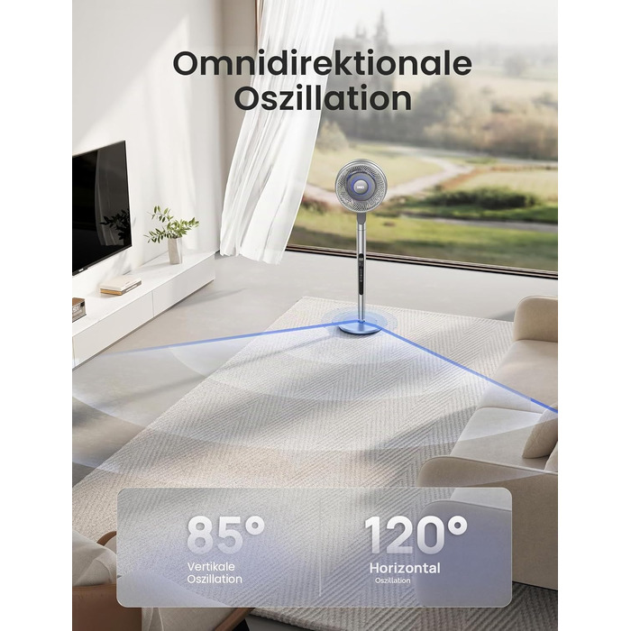 Dreo Smart вентилятор підлоговий з осциляцією 120°/85°, регульована висота 102-112 см, тихий DC вентилятор для спальні, потік повітря 30.5 м³/хв, 10 швидкостей