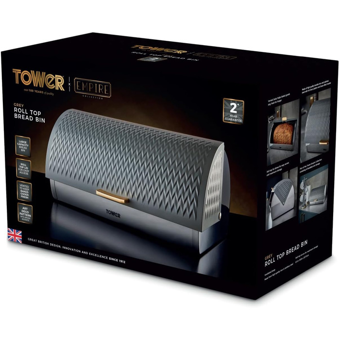 Контейнер для хліба Tower T826090GRY Empire з рулетною кришкою, нержавіюча сталь, сірий з латунними елементами