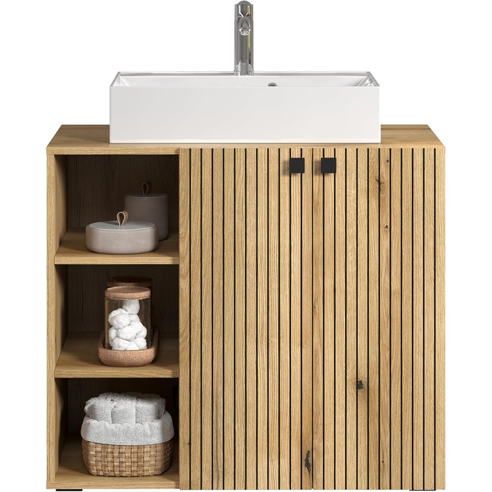 Тумба під раковину на колесахх trendteam PureBliss, 80x64x42 см, дуб Evoke, з 2 відкритими полицями та металевими ручками