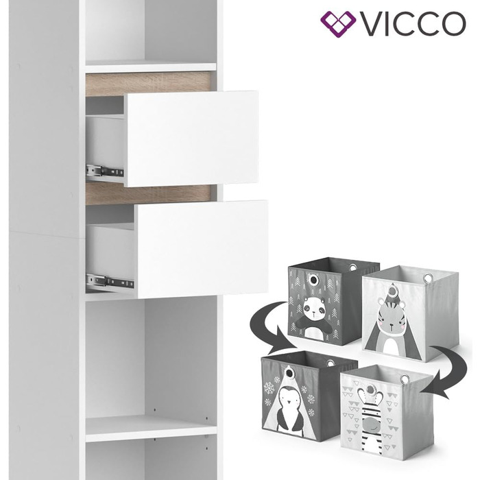 Дитячий стелаж Vicco Robert, білий/дуб сонома, 36.2x171 см, з складними коробами (сірі, різнокольорові)