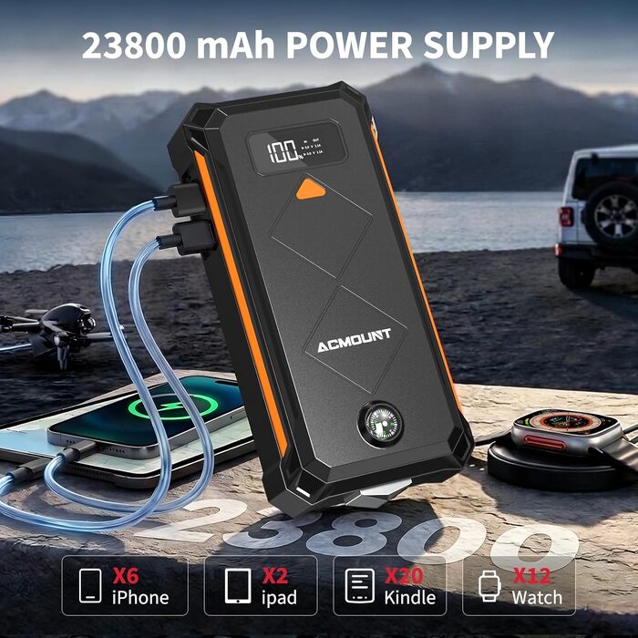 Бустерний пускач Acmount P110 7000A Powerbank для авто (12л бензин/10л дизель) з LED-ліхтарем, компасом та молотком для PKW, SUV, мотоциклів, газонокосарок, помаранчевий