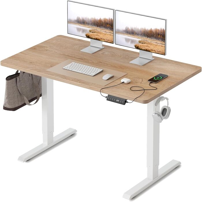 FEZIBO Стол письмовий регульований по висоті, 100 x 60 см, з USB-портами, для дому/офісу, стоячий, з масивом дуба