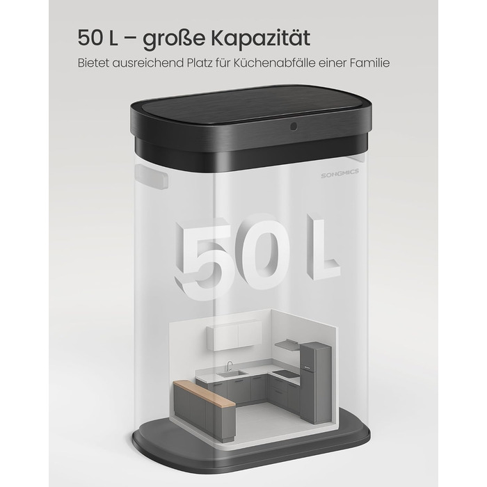 SONGMICS Сміттєве відро з сенсором, автоматичне, 50 л, відкриття рухом руки/дотиком, Softclose-кришка, сталь, 15 мішків, чорний LTB640B02