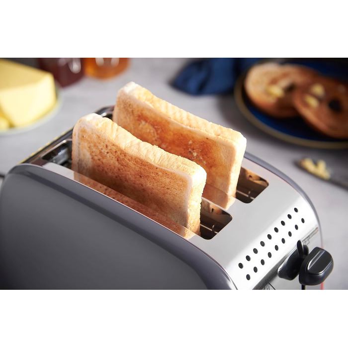 Тостер Russell Hobbs Colours Plus Edelstahl на 2 тости, сірий. З широкими слотами, підставкою для булочок, 6 режимів підсмажування, розморожуванням, функцією Lift & Look, 1600 Вт