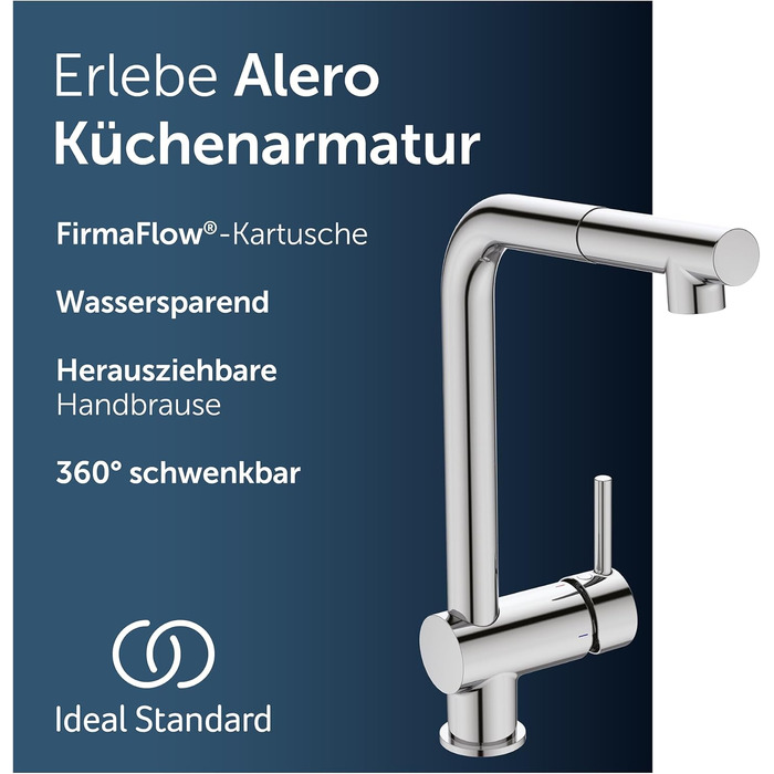 Змішувач кухонний Ideal Standard Alero з висувним душем, поворотний 360°, економний (12 л/хв), хром (361 мм)