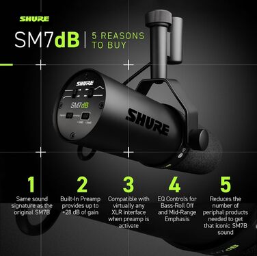Мікрофон Shure SM7dB динамічний для мовлення, вокалу та подкасту з вбудованим підсилювачем, широкий частотний діапазон, теплий м'який звук, чорний