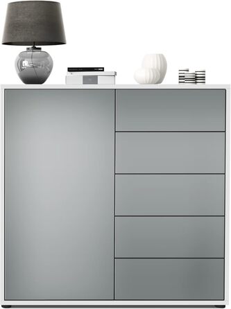 Комод Vladon Ben V2, 79x74x36 см, 1 дверцята, 5 шухляд, білий матовий/авола-антрацит, Німеччина