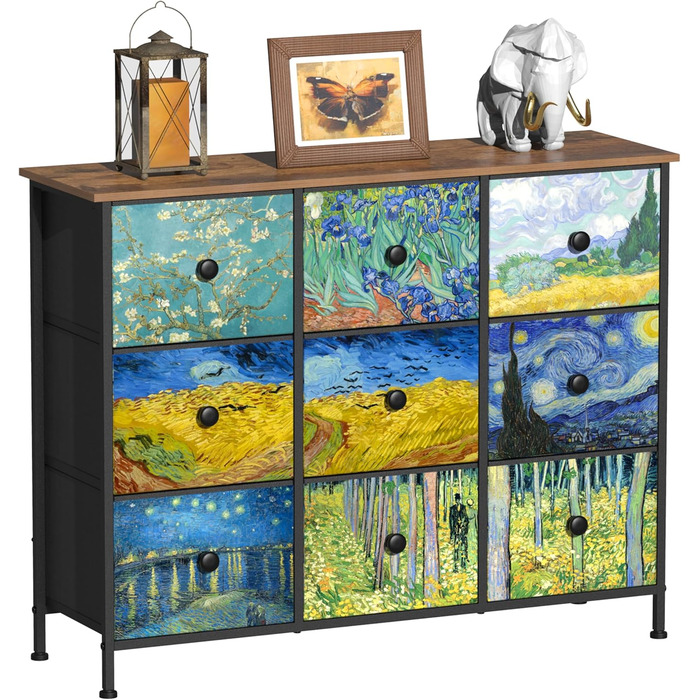 Тканинна комод-органайзер VEDECASA з 9 шухлядами Van Gogh, металевий каркас, дерев'яна стільниця, з ручками для вітальні, спальні, дитячої кімнати