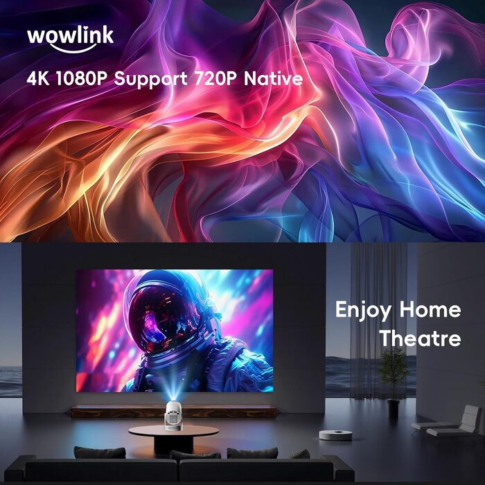 Портативний проєктор Mini Beamer 4K/1080P з WiFi 6, Bluetooth 5.4, Keystone 180°, сумісний з HDMI, TV Stick, Memory Stick, Laptop (Білий)