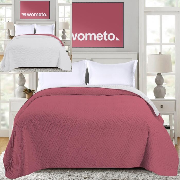 Покривало Wometo 170x210 см, мікрофібра, рожево-сіре, двостороннє, стьобане, OekoTex, для ліжка, дивану, XXL