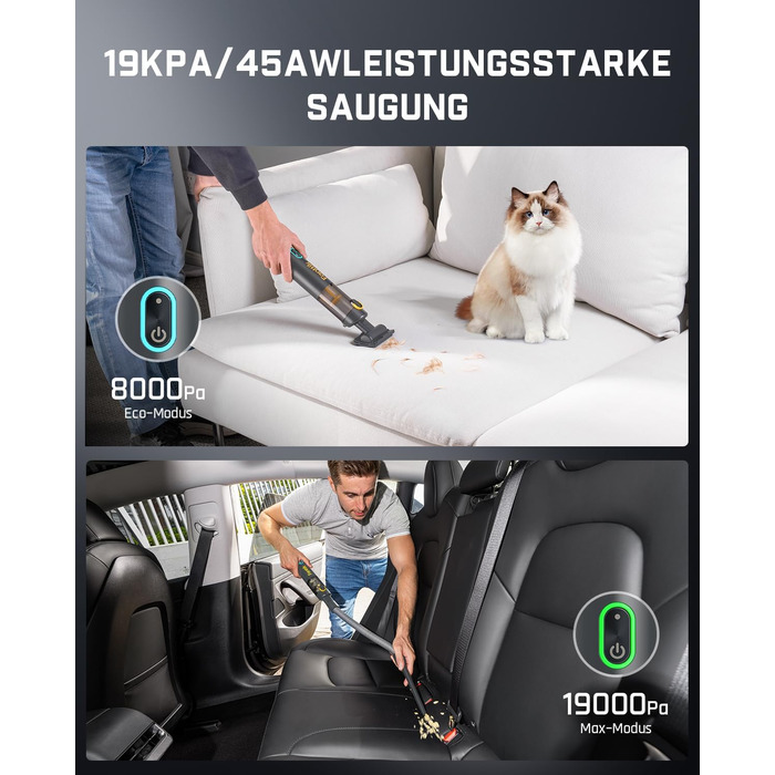 Акумуляторний автомобільний пилотяг Fanttik Slim V8 APEX, портативний ручний міні-пилотяг 4-в-1 RobustClean™, потужність 19000 Па/45 AW, 2 режими всмоктування, для авто, офісу та клавіатур (Сірий)