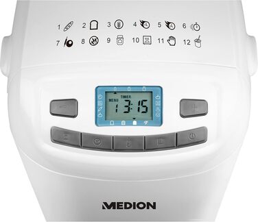 Хлібопічка MEDION MD 18636, 650 Вт, на 1000 г, 12 програм випікання, 3 рівні скоринки, функція підігріву, біла