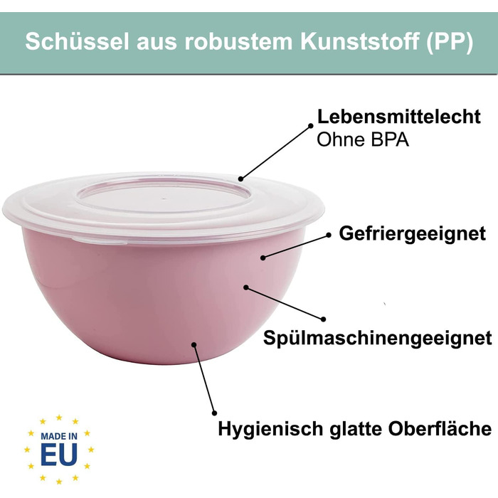 Набір салатниць з кришками 5л, 3 шт, BPA-free пластик, світло-сірий, пастельно-рожевий, пастельно-зелений, прозорі кришки, Ø28 см, Made in EU, модель Kai