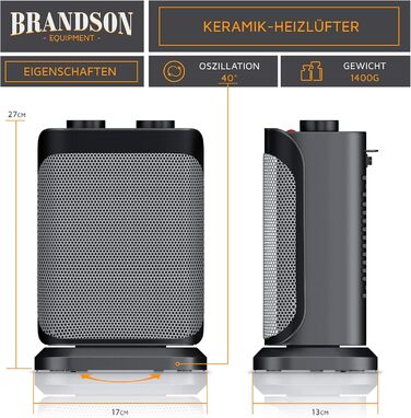 Керамічний обігрівач Brandson для ванної, енергозберігаючий, безшумний, з терморегулятором і термозахистом, 2 режими потужності