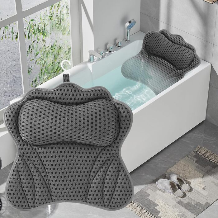 Подушка для ванни з 6 присосками, сітчаста технологія 4D Air Mesh, підтримка голови, шиї, плечей та спини, підходить для всіх ванн (Сіра)