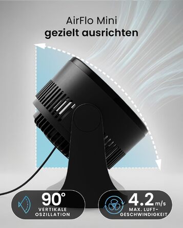 Pro Breeze AirFlo Mini Настільний Вентилятор: Тихий Турбо Вентилятор з 3 Швидкостями, Нахилом 90° та Потужним Потоком Повітря 4.2 м/с, Компактний для Офісу, Спальні та Дому (Чорний)